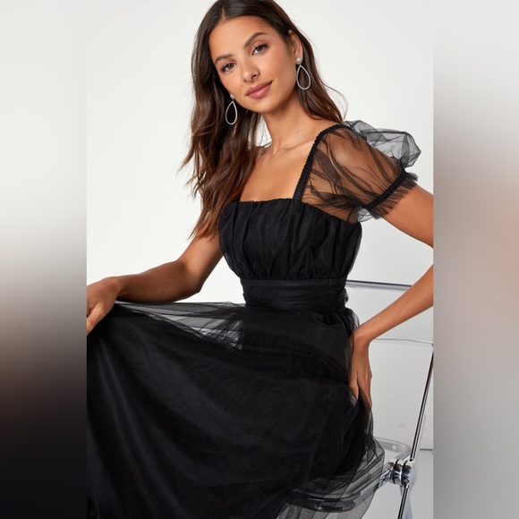 Lulus Flawless Aura Black Tulle Puff Sleeve Ruffled Midi Dress - Picture 3 of 9